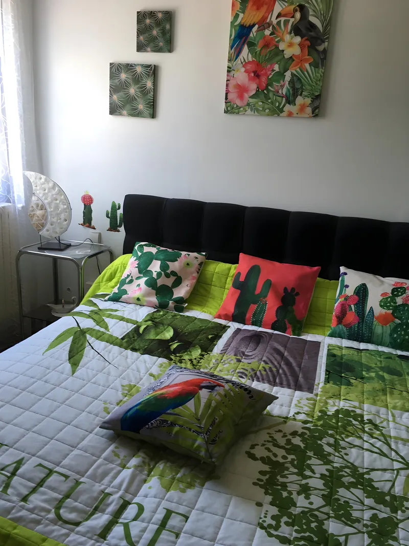 Première chambre de L'Oustal del Coquillou : lit double au décor tropical